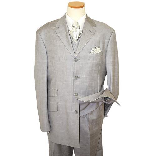 Steve Harvey Collection Light Grey With White Windowpanes Super 120's Merino Wool Vested Suit